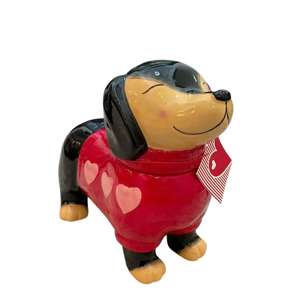 NEW Valentine's Dog Dachshund Cookie Jar Red Sweater Pink Hearts Hand Painted